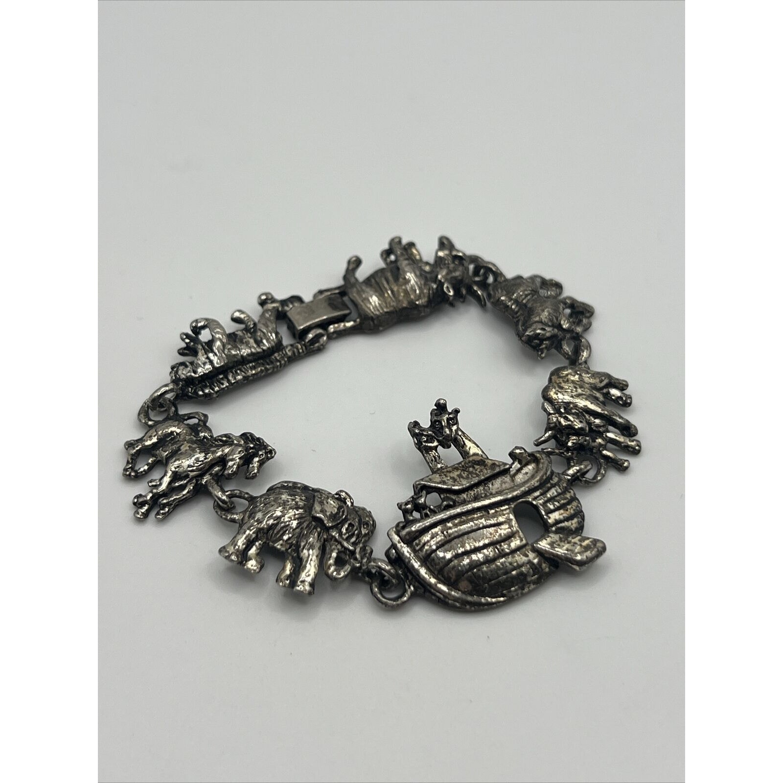 Vtg Sterling Silver Handcrafted Noah's Ark Chain Link Bracelet